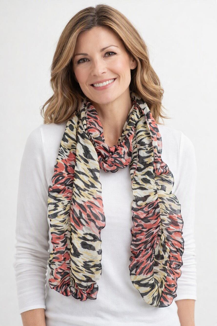 Chicoโs Ruffled Animal Print Scarf Coral Beige Black 53 x 8.5 Inches